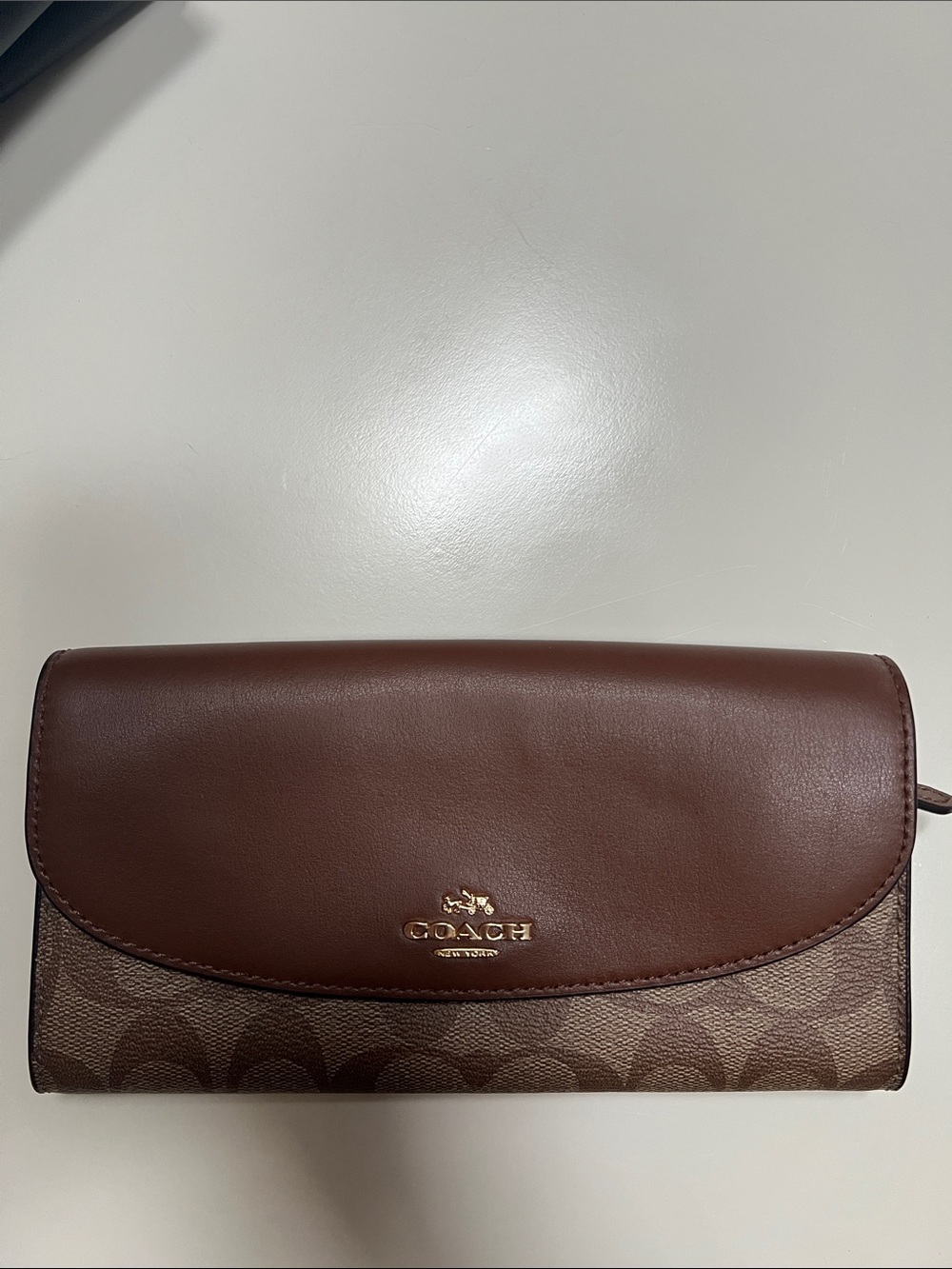 COACH Brown Signature Foldover Wallet with Leather Flap New